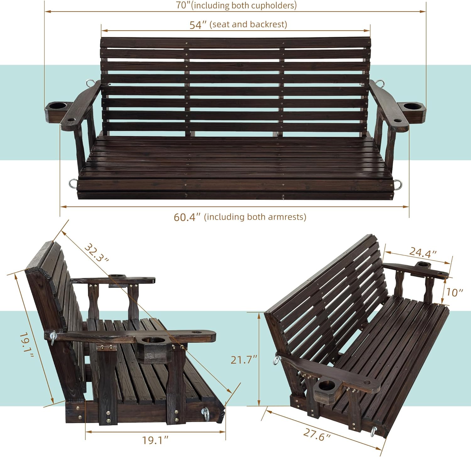 Fortune Candy Wooden Porch Swing 3-Seater, High Backrest and Deep Seat, Bench Swing with Cupholders, Hanging Chains and 7mm Springs, Heavy Duty 880 LBS (Deep Brown, 5 FT Extra Large)-VerdiqueGarden