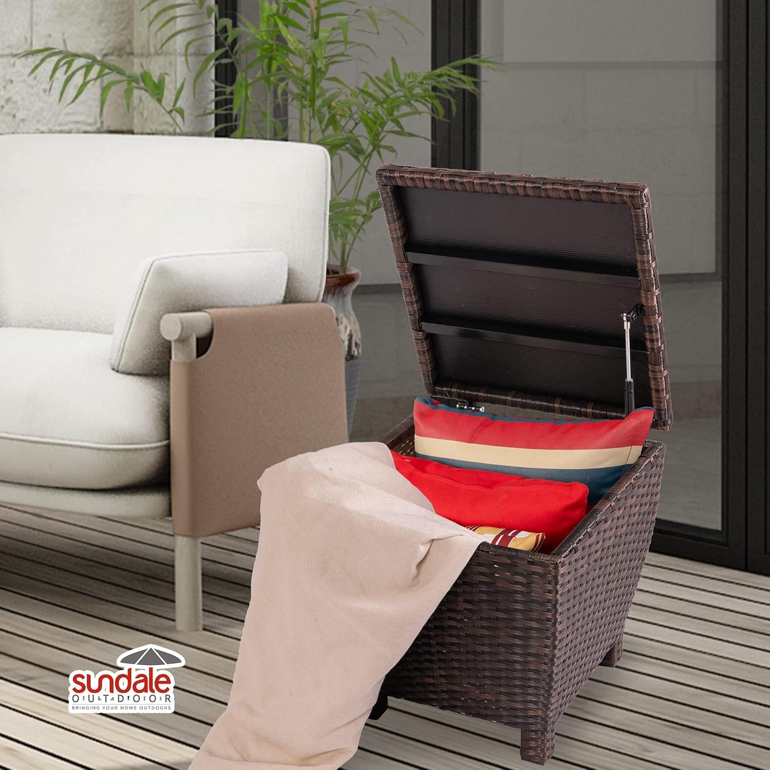 Sundale Outdoor Small Deck Storage Box with Lid, 13 Gallon Outdoor Bin Storage Container for Hose Cushion Towel, Patio Fully Assembled Brown Wicker Side Table with Storage - Rattan-VerdiqueGarden