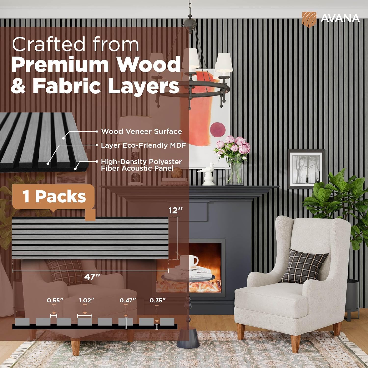 Avana Modern Acoustic Wood Wall Panels – 47.2 X 12.6 Inch Gray Oak Acoustic Panels 1 PC – Wall Panels for Interior Wall Decor For Homes, Offices, Studios – Sturdy And Durable Wood Panels for Wall-VerdiqueGarden