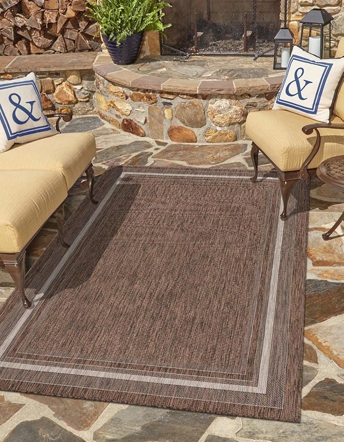 Unique Loom Outdoor Border Collection Area Rug - Soft Border (3' 3" x 5' 3" Rectangle Brown/Ivory)-VerdiqueGarden
