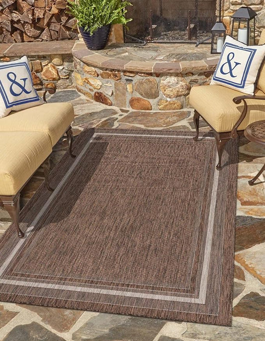 Unique Loom Outdoor Border Collection Area Rug - Soft Border (5' 3" x 7' 1" Rectangle Brown/Ivory)-VerdiqueGarden