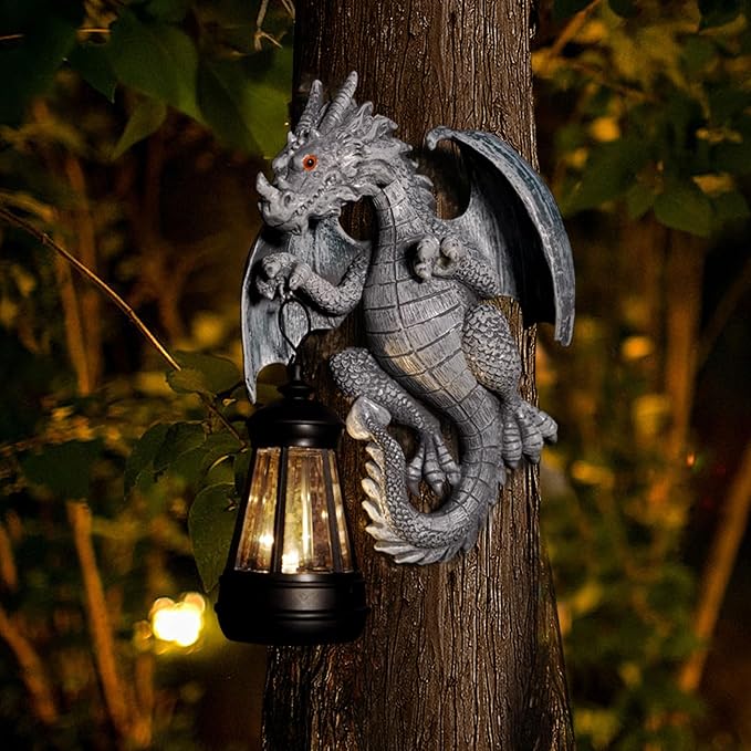 Garden Statues Tree Hugger Dragon with Solar Lantern,Lawn Decor Outdoor Statue for Patio, Balcony, Yard Ornament,Ideal Dragon Housewarming Gifts & Birthday Gifts for Grandma Mom Women-VerdiqueGarden