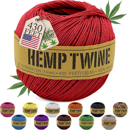 Hemp Twine for Gardening - Twine for Crafts - Organic Natural Hemp String for Jewelry Making - Strong Durable Cord for Decoration, Macrame + Cooking - 1MM, 100G/430 Ft. - 20 lb. Test Strength - Red-VerdiqueGarden