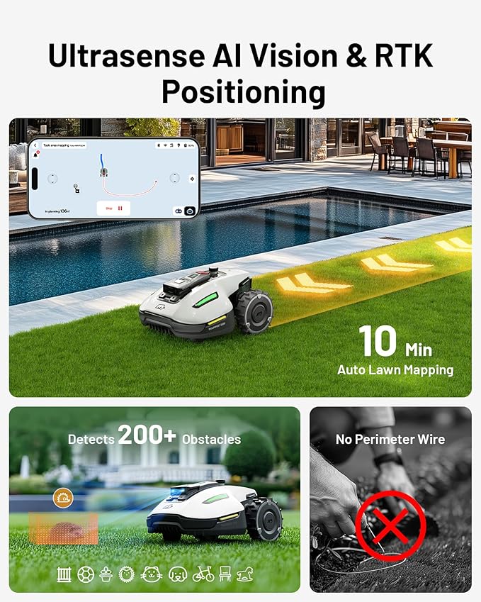 YUKA Mini 500H Robotic Lawn Mower Reception 0.12 Acre,Max. 0.17 Acre, Ultrasense AI Vision+ RTK Positioning, Auto Mapping, App Control, 50% Slope, Cutting Height 2''~3.5'', 15 Mowing Zones-VerdiqueGarden
