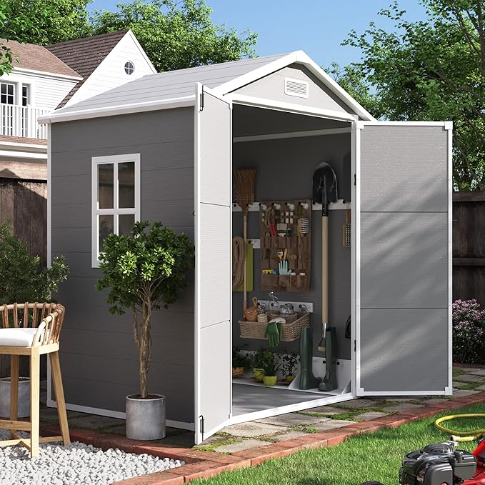 UDPATIO Outdoor Resin Storage Shed 6x4.5 FT, Plastic Garden Shed for Bike, Garbage Can, Tool, Outside Sheds with Lockable Door for Backyard, Patio, Lawn, Grey & White-VerdiqueGarden