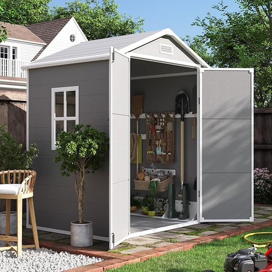 UDPATIO Outdoor Resin Storage Shed 6x4.5 FT, Plastic Garden Shed for Bike, Garbage Can, Tool, Outside Sheds with Lockable Door for Backyard, Patio, Lawn, Grey & White-VerdiqueGarden