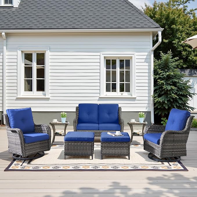 Outdoor Patio Furniture Set - 7 Piece Gray Wicker Conversation Patio Furniture Set All Weather Swivel Chairs with Ottoman and Loveseat Glider Chair for Deck Balcony Backyard-VerdiqueGarden