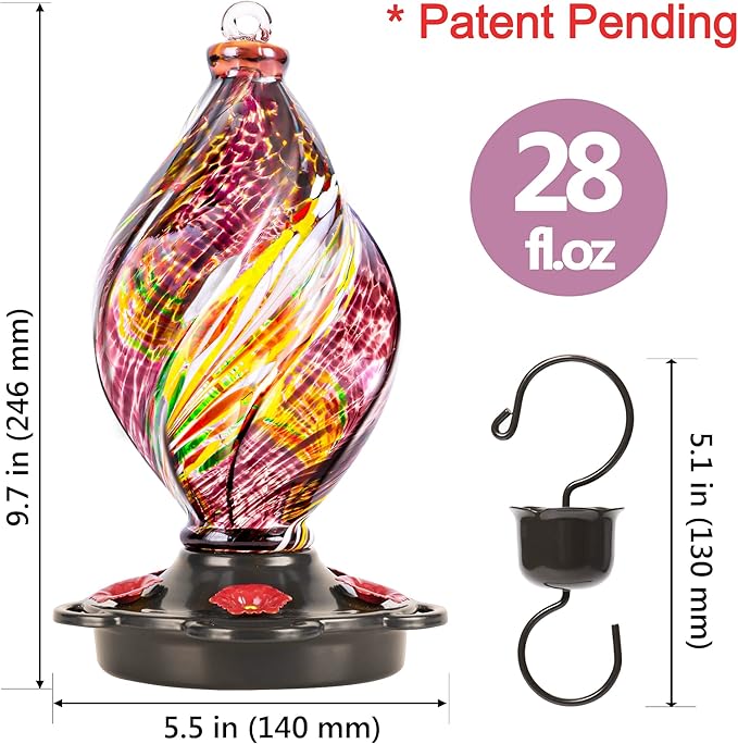 LUJII Ice Cream Shaped Spiral Hummingbird Feeder for Outdoors Hanging, Hand Blown Glass, 28 fl.oz, Leak Proof & Rustproof, Includes an Ant Moat with Hook, Unique & Stylish Glass Art & Decor (Purple)-VerdiqueGarden