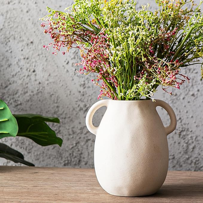 Kimdio White Ceramic Vase with 2 Handles – Sand-Glazed Clay Pottery Vase for Dried Flowers, Rustic Modern Table Decor, Farmhouse Boho Shelf Decoration-VerdiqueGarden