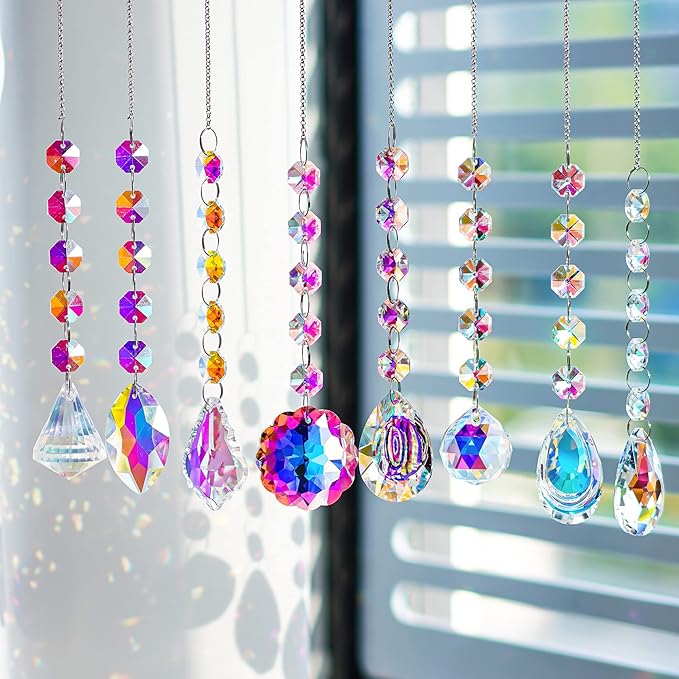KANPURA 9 PCS Crystal Rainbow Suncatchers, Hanging Crystals Sun Catchers with Chain for Windows, Colorful Suncatcher Prism Pendant Hanging Crystals for Home Wedding Decor-VerdiqueGarden