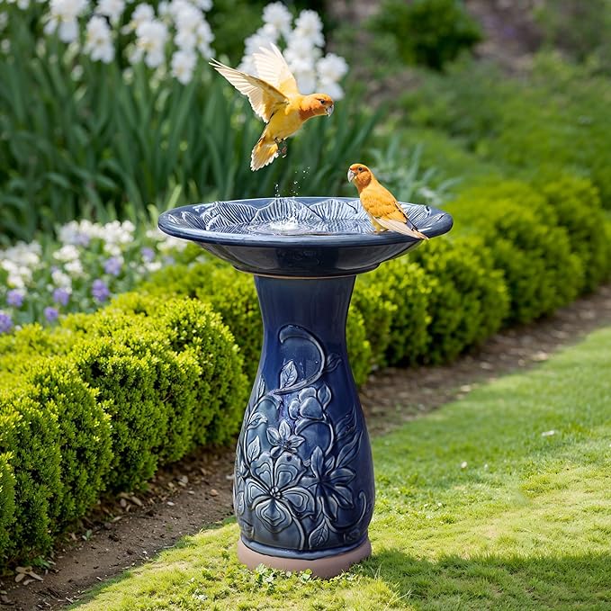 LuxenHome 22 Inch Ceramic Bird Bath for Outside, Elegant Tall Outdoor Bird Bath, Lightweight Pedestal Glazed Birdbaths for Outdoors with Floral Pattern, Deep Blue-VerdiqueGarden
