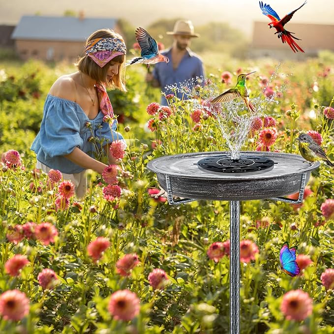 Metal Bird Bath for Outdoors Garden Birdbath Bowl, 36.2" Height Freestanding Bird Feeders for Outside with 4 Prongs Base Stake, Standing Birdfeeders for Yard Lawn Decor (Retro Silver)-VerdiqueGarden