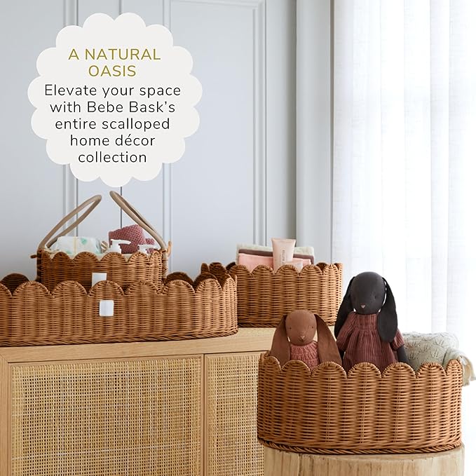 BEBE BASK Premium Scalloped Basket Set Of 2 - Scallop Basket - 16 x 10 x 7 Inch - Hand-Woven Elegant Wicker With Scalloped Edge - Nursery Storage (Mocca)-VerdiqueGarden