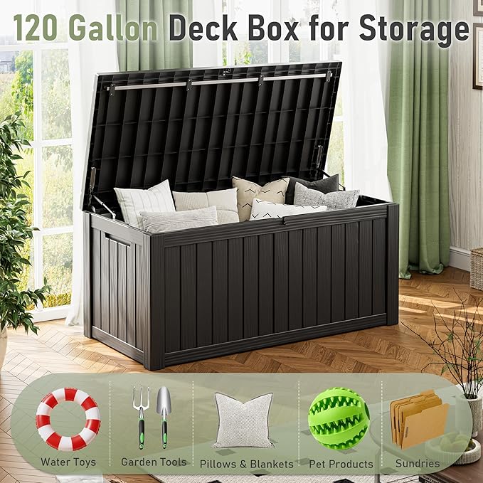 KAMABOKO Outdoor Storage Box, 120 Gallon Large Outdoor Resin Deck Box, Storage Waterproof Boxes Lockable Lid for Garden Tools, Pool Supplies, Patio Furniture and Cushions, Black-VerdiqueGarden