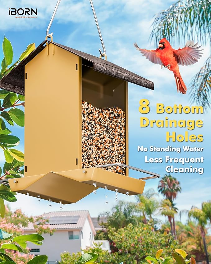 iBorn Bird Feeders for Outdoors,Bird House Feeder with Weatherproof Metal Roof & 8 Drain Holes,Fully Detachable Birdfeeder Design,Easy Clean & Refill,Chew-Proof PC Windows,1.5 Lbs Capacity,Coffee Roof-VerdiqueGarden