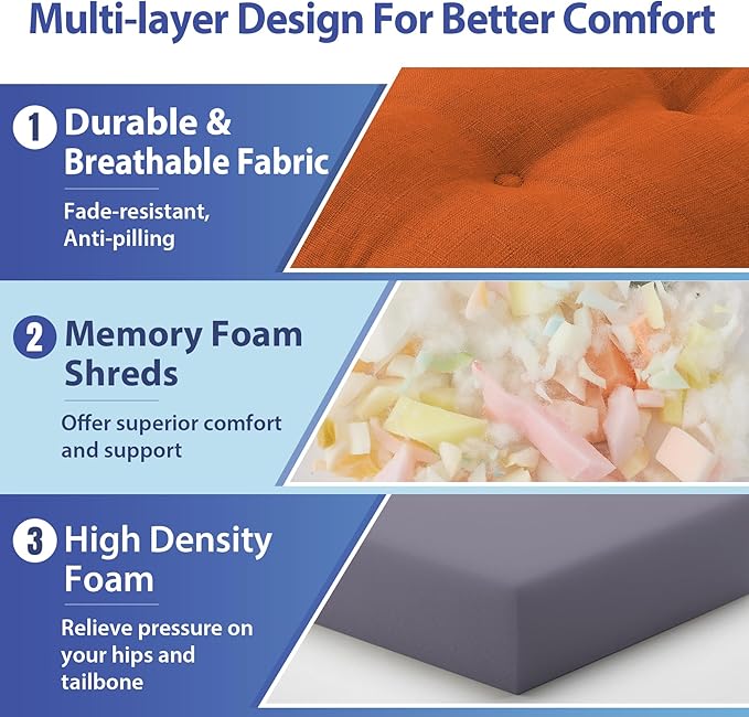 Chair Cushions for Dining Chairs, Dining Chair Cushions, Tufted Indoor Chair Pads with Ties & Non Slip Backing, Seat Cushions for Kitchen Chairs 16.5” x 16.5” x 3.5”, Set of 4, Orange-VerdiqueGarden