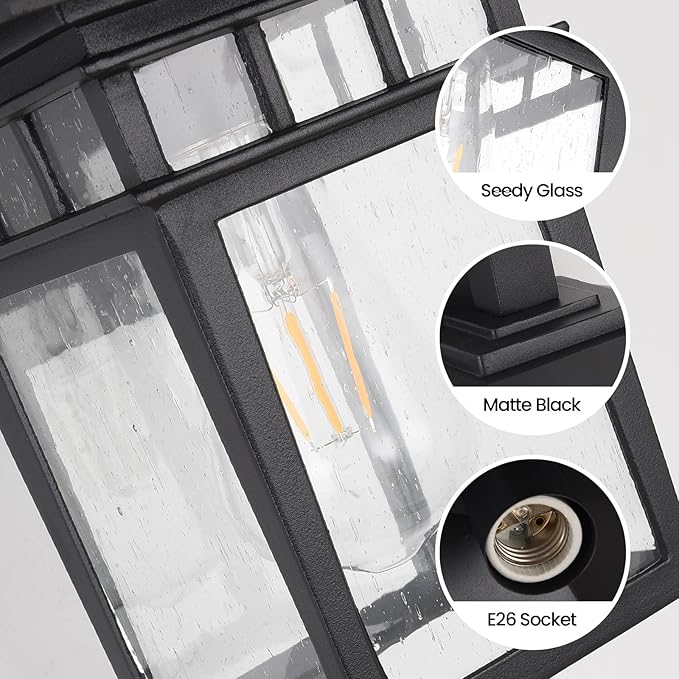 Outdoor Wall Lantern, Exterior Lighting Fixtures Wall Mount, 2 Pack Black Outdoor Sconce with Seeded Glass, Dusk to Dawn Exterior Porch/Patio Lights for House Front Door Garage-VerdiqueGarden