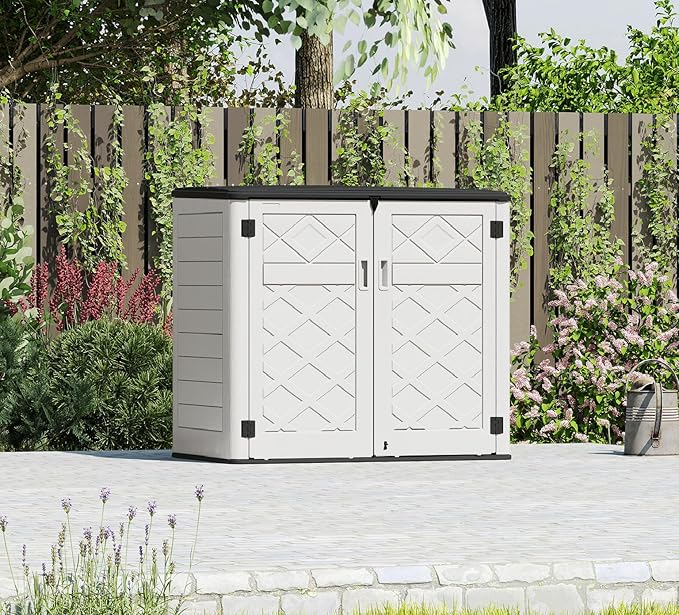 HOMSPARK Storage Shed Weather Resistance, Multi-Purpose Outdoor Storage Cabinet for Backyards and Patios, Horizontal Storage Shed for Lawnmower, Patio Accessories (Off-White, Large - 48 cu.ft)-VerdiqueGarden