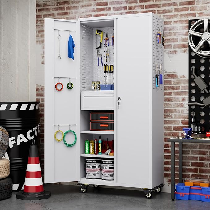 Metal Garage Cabinet with Wheels,71''H Rolling Lockable Steel Tool Cabinet with Pegboard & Drawer for Garage,Home,Office Assembly Required,White-VerdiqueGarden