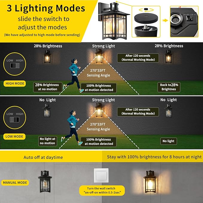 Motion Sensor Outdoor Lights, Dusk to Dawn Light Fixture, Black Wall Sconce Lighting, Front Porch Light, Exterior Lights for House Patio, Outside Door Wall Mount Anti-Rust Lantern-VerdiqueGarden