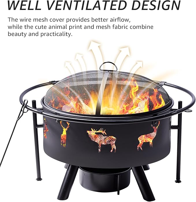 NATURAL EXPRESSIONS 32 Inch Large Fire Pit with 2 Grills, Outdoor Wood Burning Fire Pit with Cooking Grate, Lid, Poker and Round Waterproof Cover for Patio, Ourside, Bonfires, Picnic, Party.-VerdiqueGarden