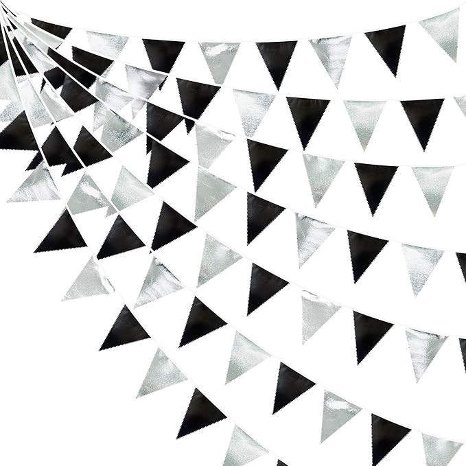 Black and Silver Party Decorations Triangle Pennant Banner Flag Metallic Fabric Bunting Garland for Birthday Graduation Retirement Wedding Bachelorette Bridal Shower Engagement Disco Party Supplies-VerdiqueGarden