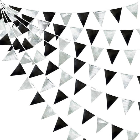 Black and Silver Party Decorations Triangle Pennant Banner Flag Metallic Fabric Bunting Garland for Birthday Graduation Retirement Wedding Bachelorette Bridal Shower Engagement Disco Party Supplies-VerdiqueGarden