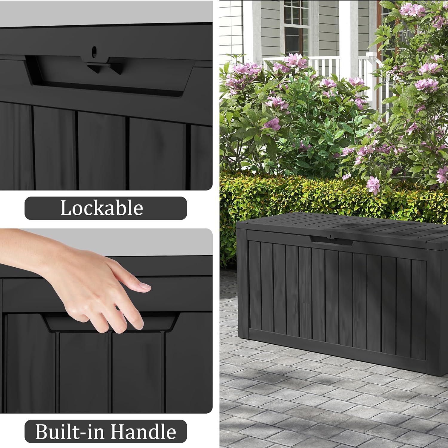 75 Gallon Double-Wall Resin Deck Box - Lockable Waterproof Outdoor Storage Box, 515lbs Capacity & Doubles as Seating for Patio Furniture - Garden Tools, Pool Accessories (Black)-VerdiqueGarden