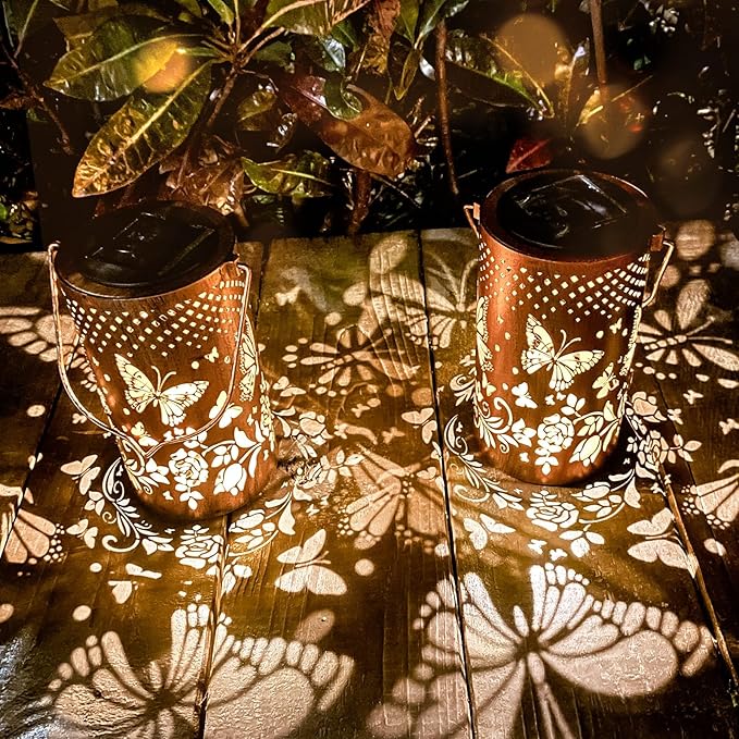 4 Packs Solar Lanterns Outdoor Hanging Lantern Lights, 4 Butterflies Hollowed-Out Metal Decor Lantern, Waterproof LED Decorative Garden Light Gifts-VerdiqueGarden