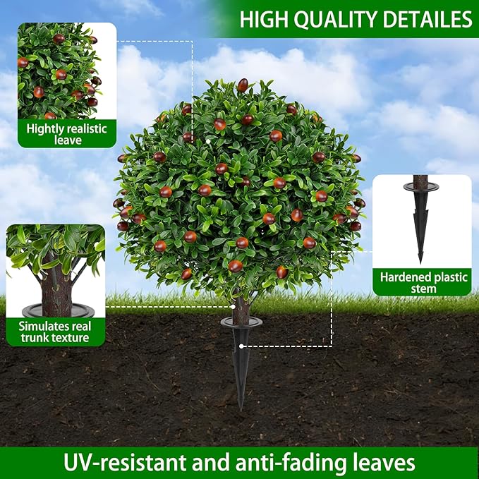 Artificial Olive Topiary Ball Trees with Ground Spike, Set of 2 UV Resistant Artificial Shrubs, Fake Evergreen Artificial Plant Bushes for Indoor Outdoor Front Porch Garden-VerdiqueGarden