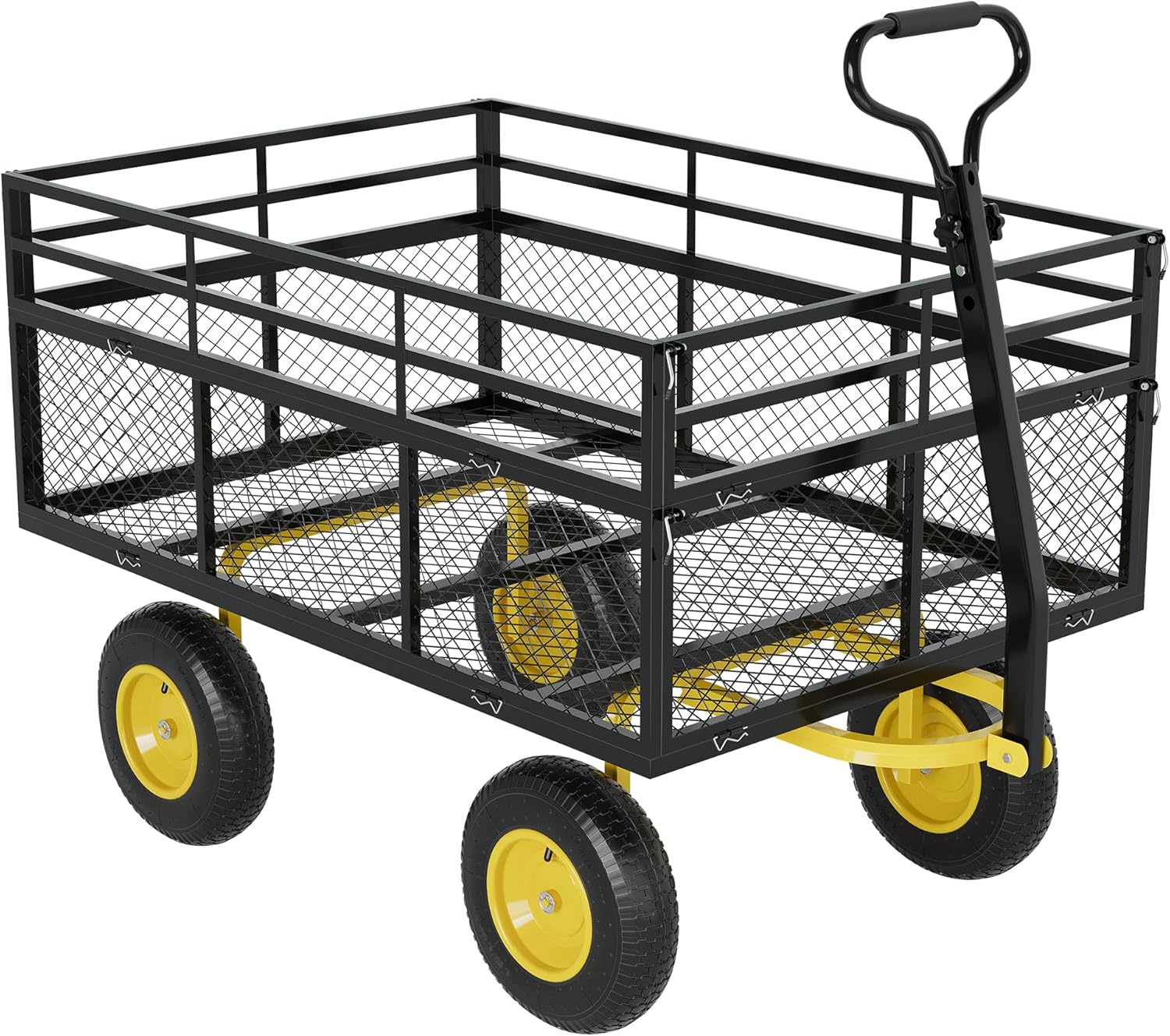 3-in-1 Heavy-Duty Steel Garden Cart, 1400 Lbs Garden Wagon, with 13 Inch All-Terrain Tires and Removable Mesh Side Panels, 180° Rotating Handle, Metal Utility Yard Trailer, Outdoor Gardens Wagon Cart-VerdiqueGarden