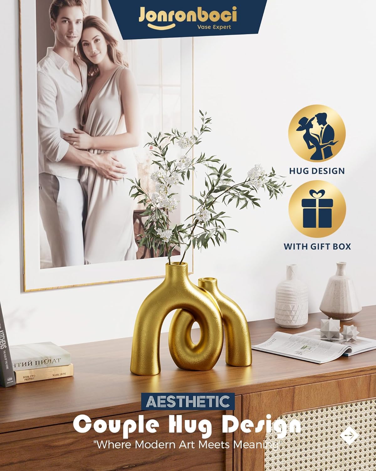 Hug Donut Decorative Vase Set - Golden Modern Classic Transitional Style Vases Home Decor, Matte Ceramic Decorations for Living Room Shelf, Bookshelf Mantle Entryway Table or Console Décor (Gold)-VerdiqueGarden