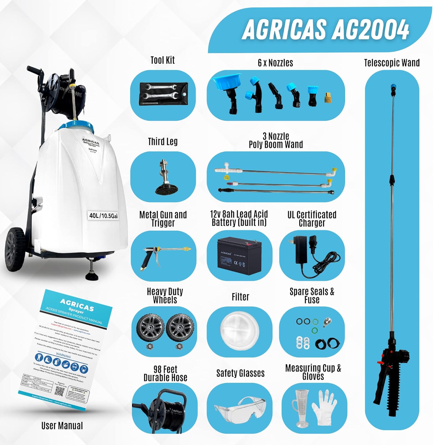 10.5 Gal Battery Powered Sprayer with Double Professional Pump with Wheels, Multifunctional and Portable Weed Sprayer for Lawn & Garden with Adjustable HD Wand and Nozzles-VerdiqueGarden