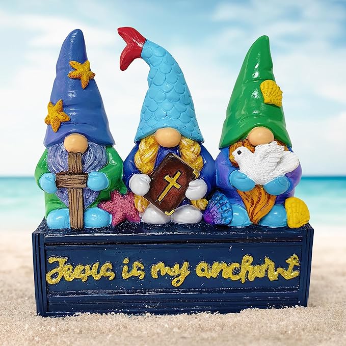 Spring & Summer-Themed Garden Statues – Adorable Outdoor Decor for Lawn, Patio & Porch (Nautical Themed Religious Gnome Figurine, Jesus is My Anchor 6" Beach House Statue)-VerdiqueGarden