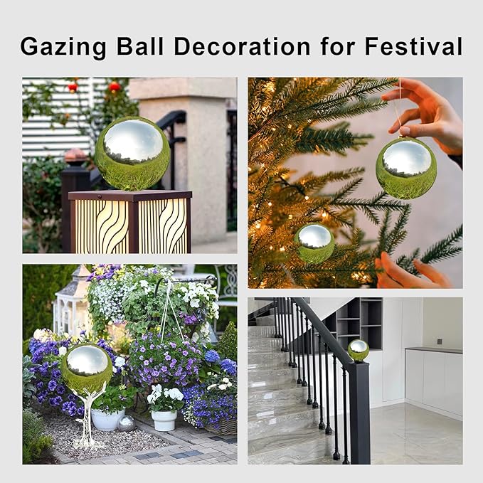 Nerien Gazing Ball, Stainless Steel Garden Mirror Globe, Polished Ornament Sphere, Hollow Floating Reflective Hemisphere, for Home Outdoor Pond Housewarming Swimming Pool Decoration, Silver, 10Pcs-VerdiqueGarden