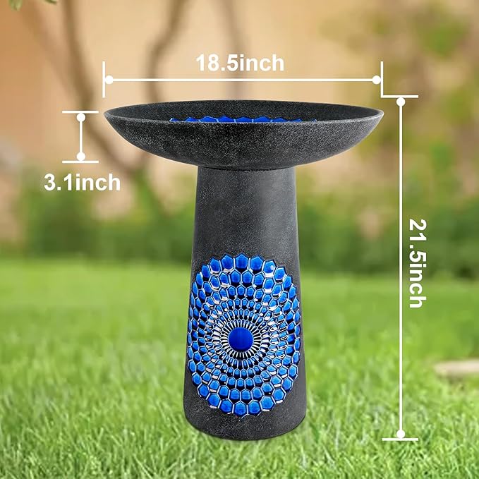 21.5'' Tall Ceramic Bird Bath for Outdoor, Heavy Duty - Cold-Weather Resistant Bird Bath, Garden and Patio Décor - Diamond Blue-VerdiqueGarden
