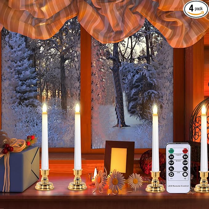 JOSU LED Window Candles, Christmas Flameless Window Candle Lights with Timer Battery Operated, 4 3D Wick Light Candle+4 Removable Gold Candleholders+Remote, for Decor &Festival Celebration-VerdiqueGarden