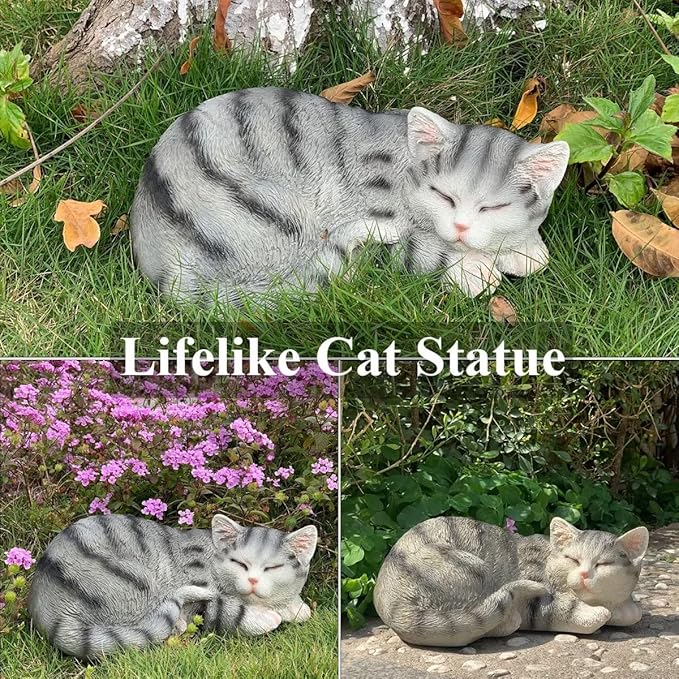 Cat Figurines Outdoor Statue Garden Decor, Cat Statue Garden Statues Outdoor Clearance for Patio, Lawn Decoration, 11.5" Larger Grey Sleeping Cat Statue for Indoor Table Accessory, Cat Gift for Mom-VerdiqueGarden