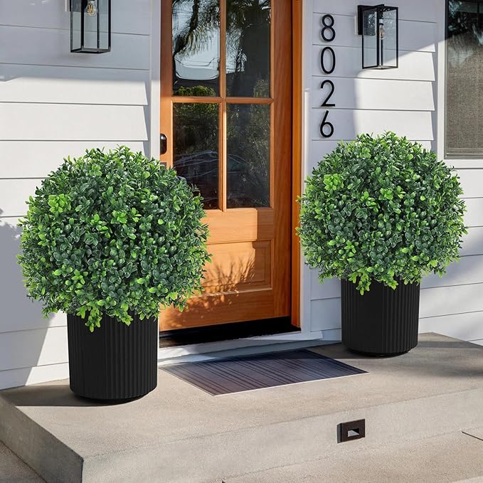 Artificial Boxwood Topiary Ball Tree 24" with Ground Spike, Set of 2 Artificial Boxwood Bushes for Faux Shrubs, Fake Evergreen Faux Plant for Indoor Outdoor Porch Garden- UV Resistant – Fade-Proof-VerdiqueGarden