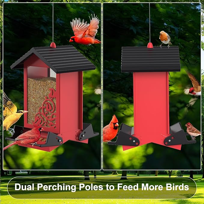 Squirrel Proof Bird Feeder for Outdoor Hanging,Metal Bird Seed Feeder with Bilateral Weight Activated Perches,5LB Large Capacity Wild Bird Feeders for Outside,Easy Refill and Clean,Red-VerdiqueGarden