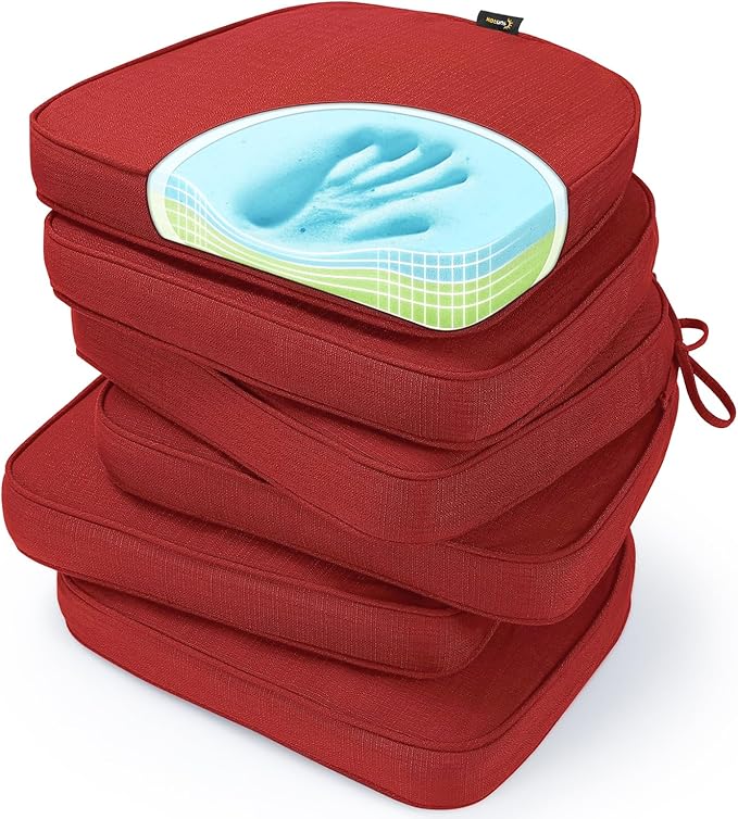 SUNROX Gel Memory Foam Chair Cushions, FadeShield Water-, Stain-Resistant Durable Reversible Seat Cushion Pads with Ties for Indoor/Outdoor Kitchen Dining Office 17"x16" Set of 6, Burgundy-VerdiqueGarden