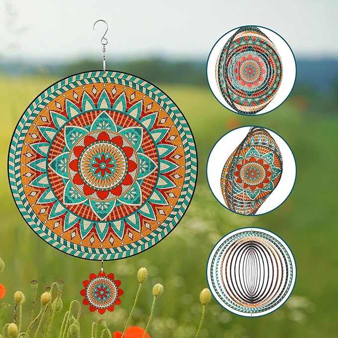 TUOKING Mandala Wind Spinners Outdoor Metal 3D Hanging Art Wind Spinner 12 Inch Stainless Steel for Yard and Garden Decoration Worth Gift for Women-VerdiqueGarden