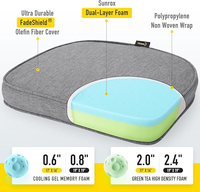 SUNROX Gel Memory Foam Chair Cushions, FadeShield Water-, Stain-Resistant Durable Reversible Seat Cushion Pads with Ties for Indoor/Outdoor Kitchen Dining Office 17"x16" Set of 2, Heather Charcoal-VerdiqueGarden