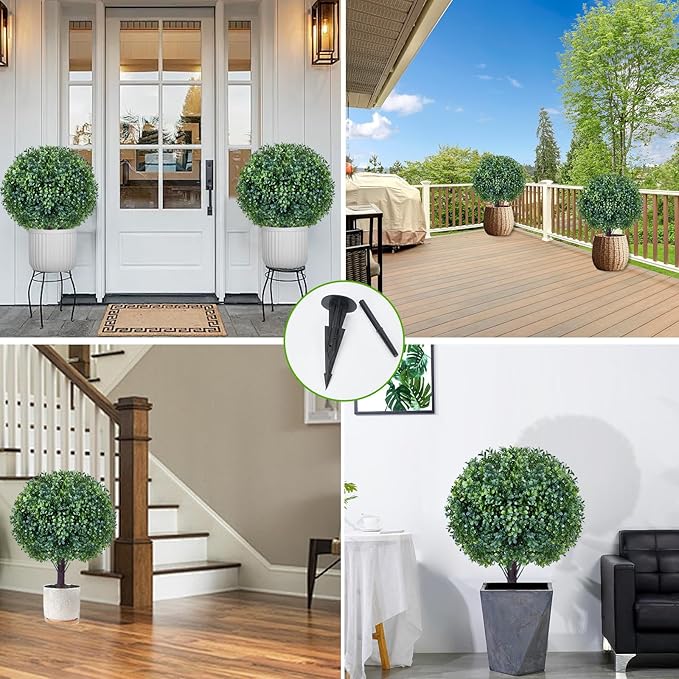 Artificial Boxwood Sphere Bushes Set of 2 Lifelike - UV Resistant Faux Shrubs with Stakes for Effortless Porch, Planter & Indoor Decor 16in FZHCZWZX-VerdiqueGarden