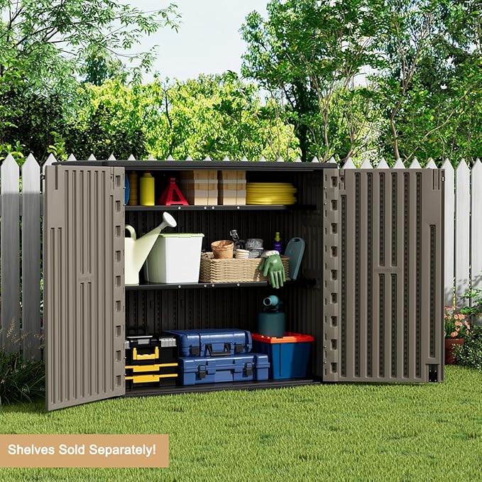 KINYING Outdoor Horizontal Storage Sheds,Outdoor Storage Cabinet Waterproof Resin Tool Storage Box for Lawn Mower,Garden Tools and Patio Furniture, Lockable (Brown)-VerdiqueGarden