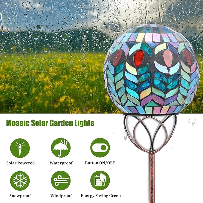 VCUTEKA Solar Outdoor Lights Garden Decor Mosaic Solar Garden Lights Waterproof Glass Ball LED Pathway Stake Light for Landscape Lawn Patio Yard Decoration 6 inch, Colorful-VerdiqueGarden
