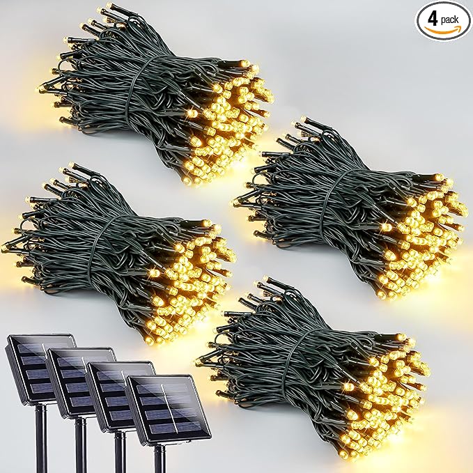 4 Pack 400 LED Solar String Lights for Outside, Solar Christmas Lights Outdoor with 8 Lighting Modes, Waterproof Green Wire Solar Powered Tree Light for Xmas Party Yard Garden Decorations (Warm White)-VerdiqueGarden