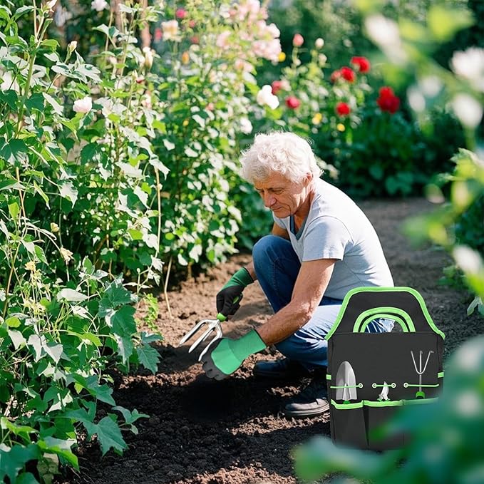 11Pcs Heavy Duty Gardening Tool Set, Shovel Stainless Steel with Non-Slip Rubber Grip, Canvas Storage Bag for Women Gardeners Pruning Shears Plant Care Weeding Tools-VerdiqueGarden