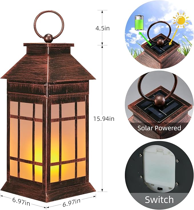 18" Glass Solar Lanterns Outdoor Waterproof, Large Solar Flickering Flame Lantern, Outdoor Lantern Decorative Metal Solar Garden Light for Patio Garden Backyard Outside Tabletop Decor(Vintage Copper)-VerdiqueGarden