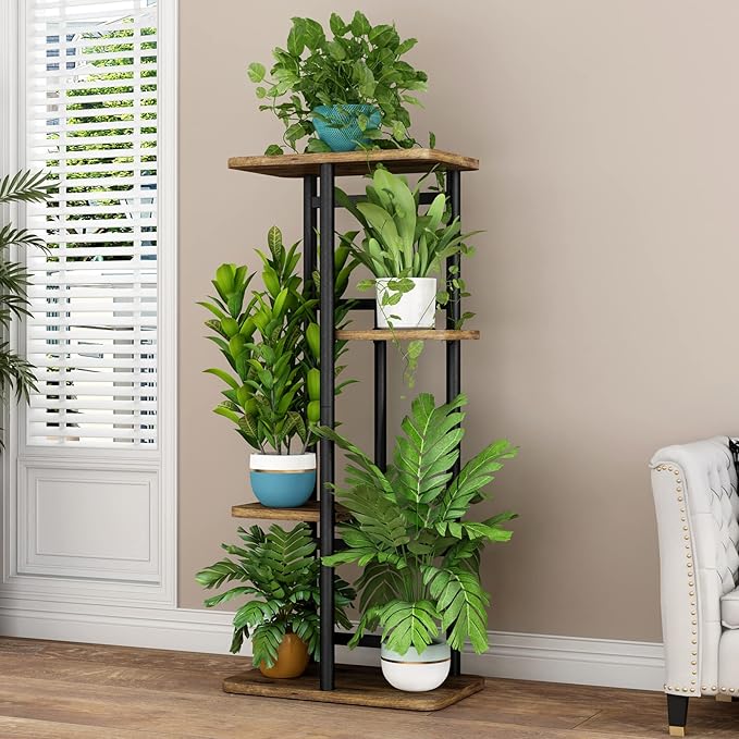 LINZINAR Plant Stand 4 Tier 5 Potted Indoor Plant Shelf Multiple Stands for Garden Corner Balcony Living Room (4 Tier 5 Potted, Black)-VerdiqueGarden